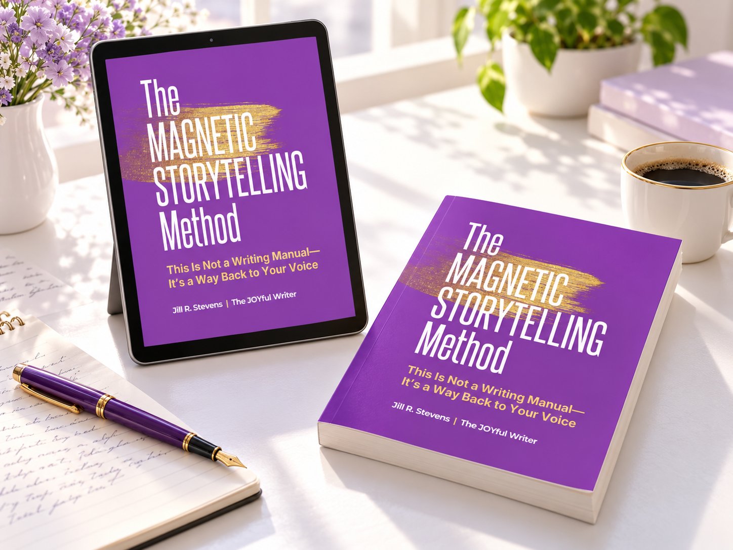 The Magnetic Storytelling Method on a tablet and as a printed book, with a purple pen and coffee